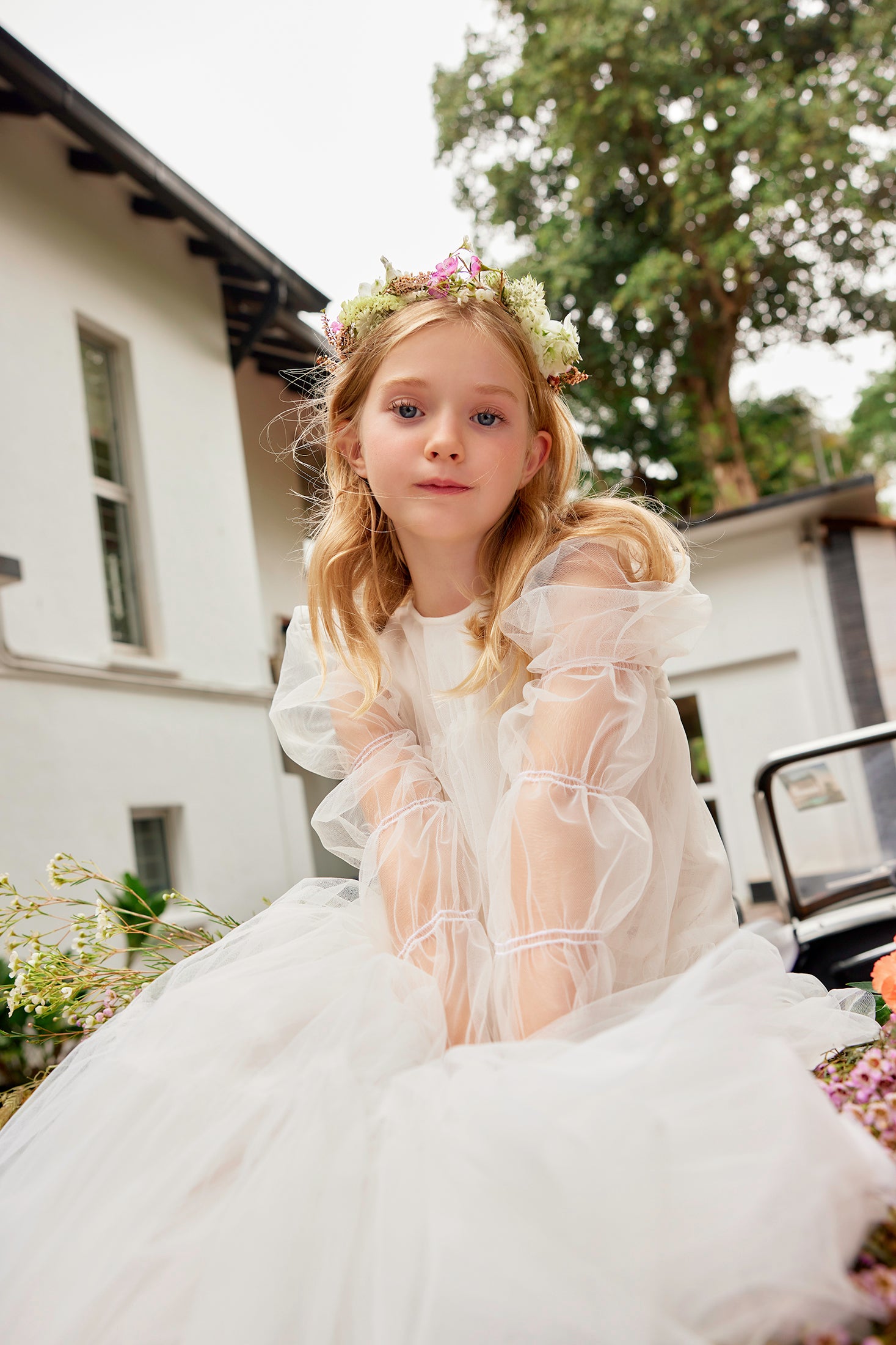 Allison Dress Maxi White Tulle Flower Girl Dress with Puff Sleeves 6