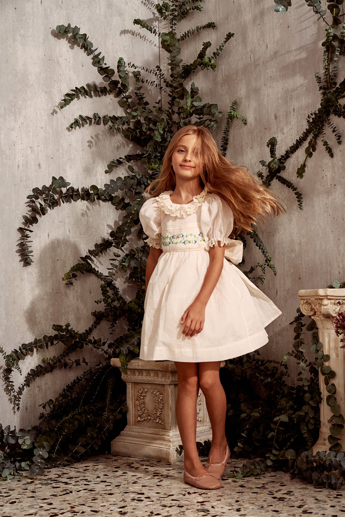 Aubrie Dress Embroidered Beige Cotton Flower Girl Dress with Smocking 14