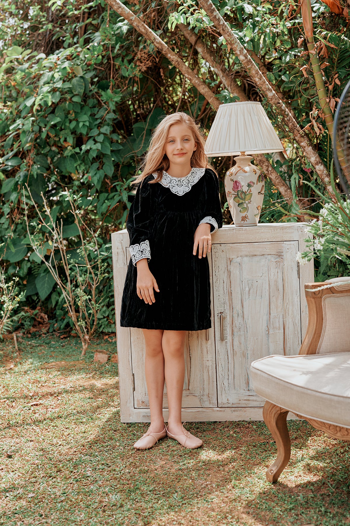 Kylie Dress Black velvet Christmas baby doll dress with lace NELLYSTELLA